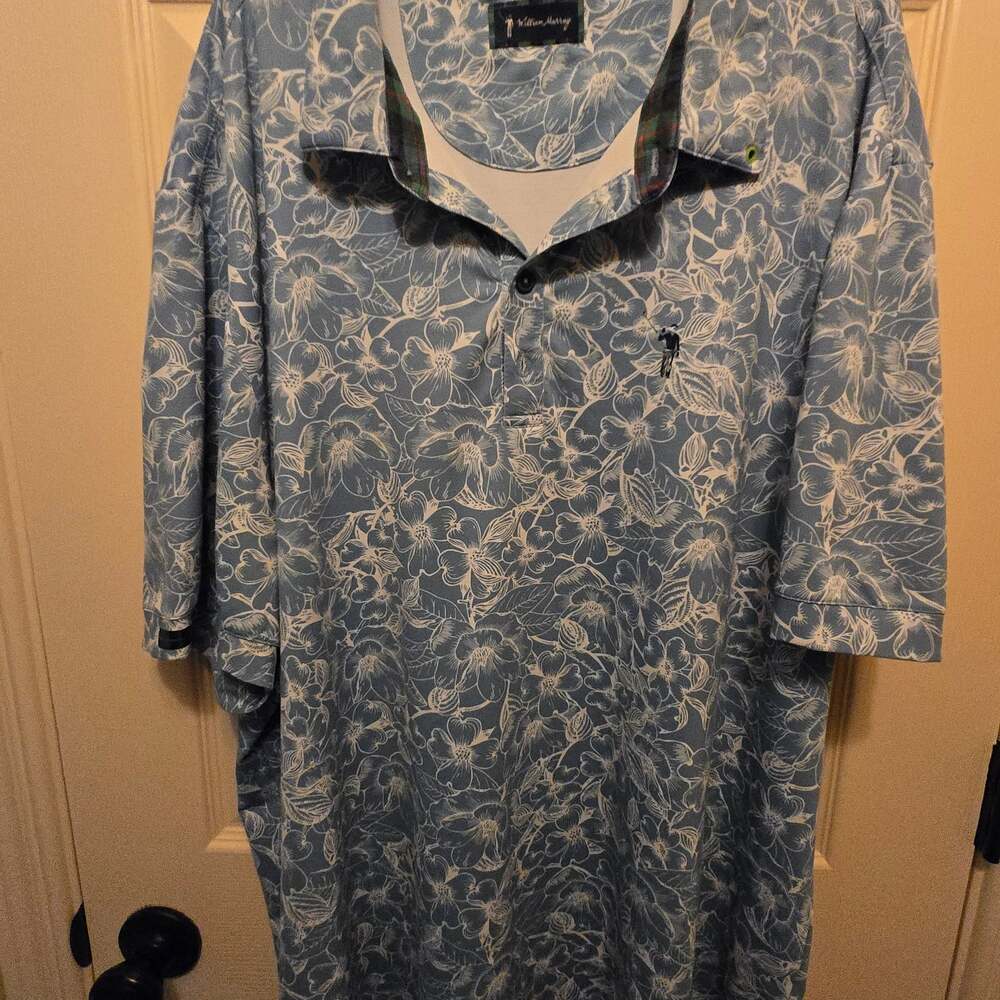 William Murray Golf Men's Light Blue Floral Performance Polo w/ Tartan Accents